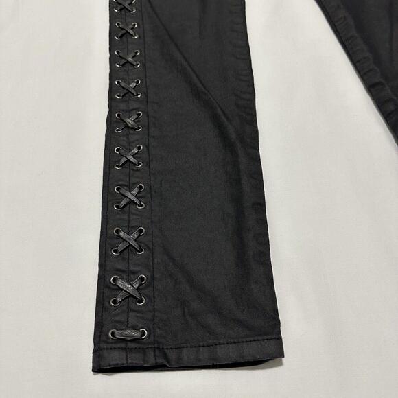 Cache Women’s Coated Wax Denim Sz 2 Black Skinny Pants Leather Threaded Rivets - Picture 2 of 12